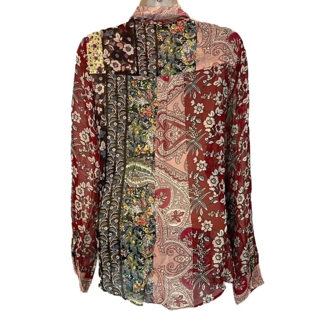 Zara Bow Tie Long Sleeve Blouse in a Floral Patchwork Pattern Size XS - Picture 3 of 5